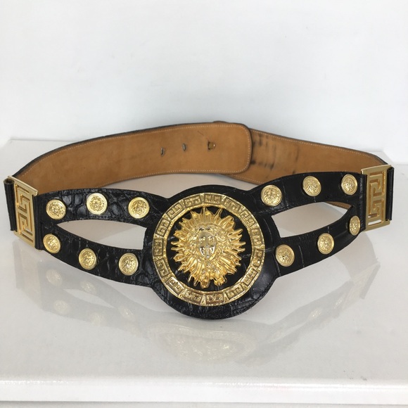 Vintage Lion Head Gold Tone Wide Statement Belt Black Croc Embossed - Picture 2 of 12